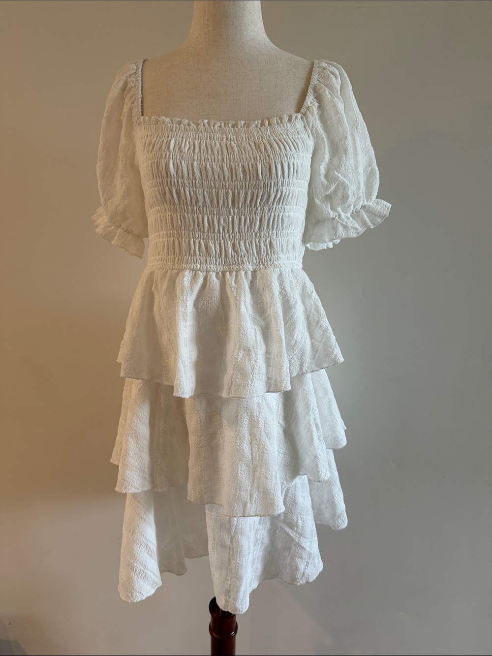 Girls White Smocked Tiered Summer Dress with Puff Sleeves
